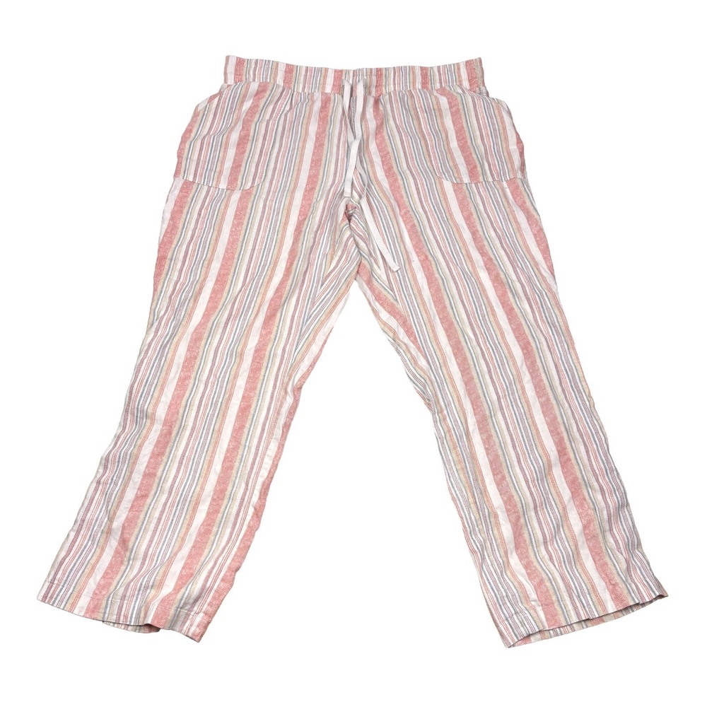 Cato Stripe Linen Blend Wide Leg Pants Womens Sz LP White Pink Pull On Drawstrng
